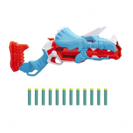 Nerf DinoSquad Tricera blast blaster con alloggiamento per caricamento di 3 dardi, con supporto dardi e design dinosauro ...