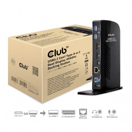 CLUB3D USB3.2 Gen1 Type A or C Dual Display 4K60Hz Docking Station DisplayLink Certified CSV 1460